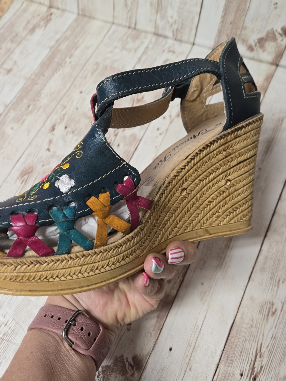 AmeriKa Collection Teal Embroidered Boho Espadrille Wedge Sandals Sz 25 (US 8) - Picture 11 of 16